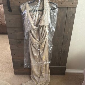 Gold Maxi Ruched Gown for Wedding Guest